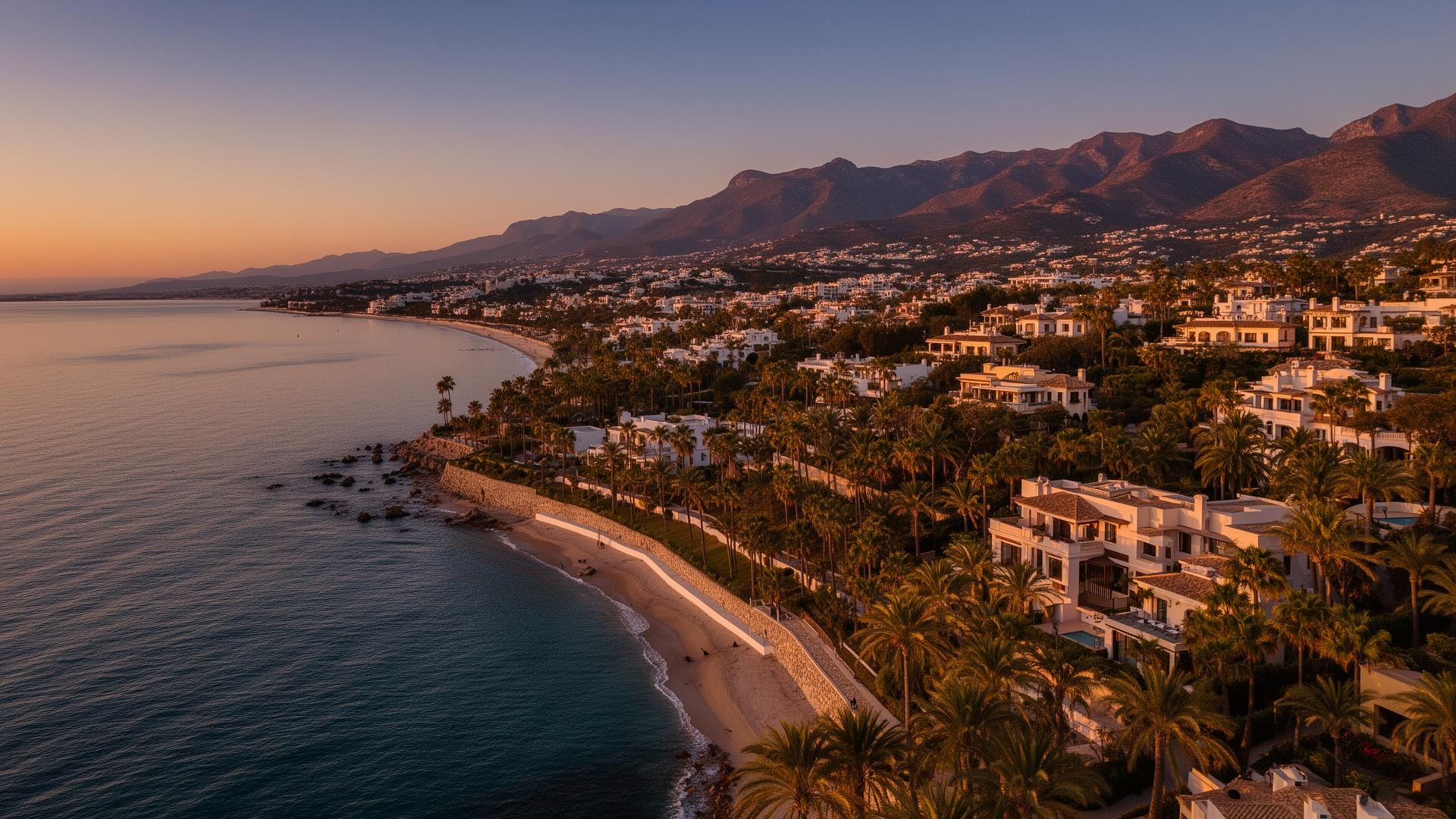 White villas and palm trees along the Costa del Sol coast at sunset
